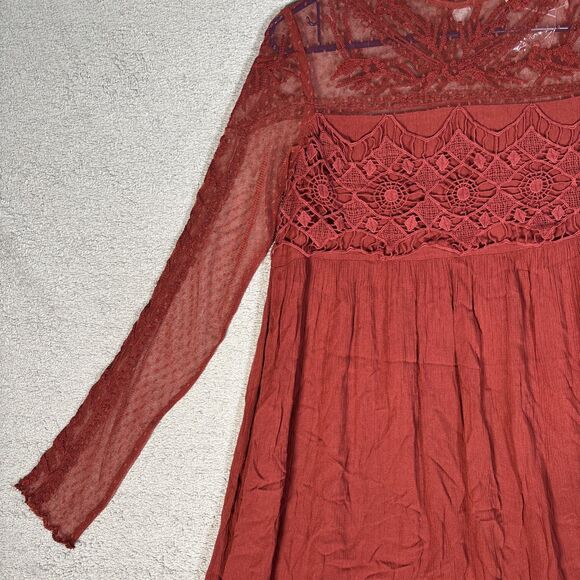 Sundance Mini Dress Womens Size 2 Rust Red Long Sleeve Lace Paneled Crochet Boho - Picture 5 of 14